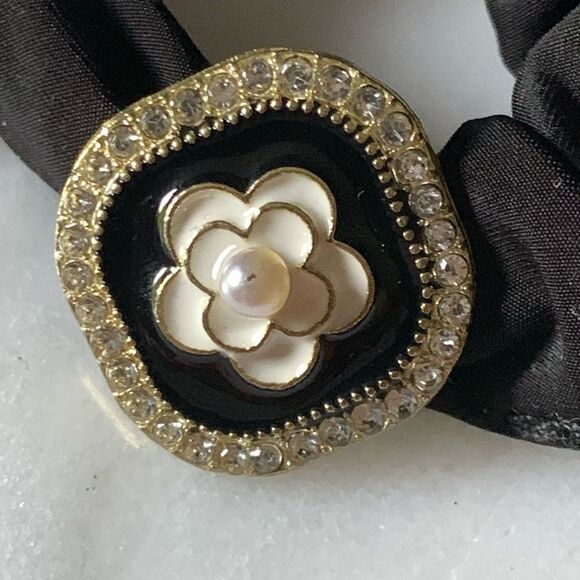 Black Camellia Flower Scrunchie with Charms - Hair Tie Hair Band Ponytail - Picture 3 of 10